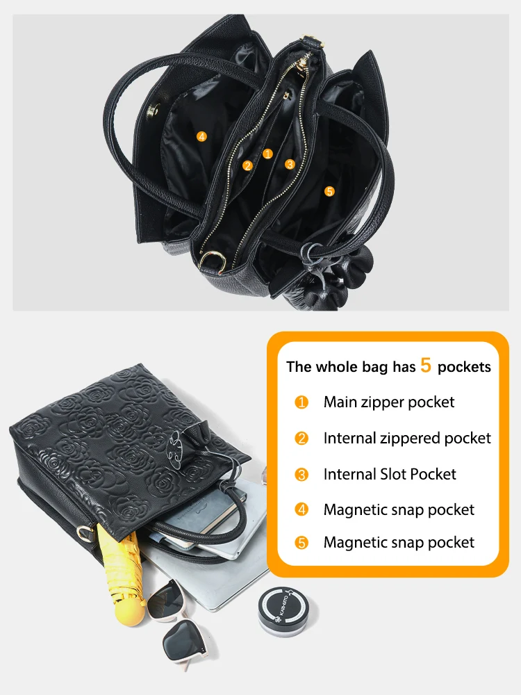 Zency 100% حقيبة يد جلدية حقيقية سعة كبيرة المرأة حقيبة كتف محفظة ريترو الأزهار Crossbody حمل حقيبة تسوق سوداء الشتاء