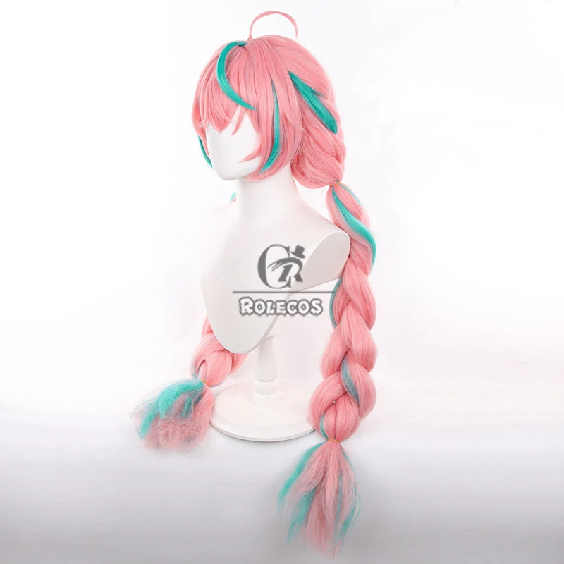 ROLECOS Game Genshin Impact Varesa Cosplay Wigs Varesa Halloween 100cm Long Pink Mixed Green Wig Heat Resistant Synthetic Hair