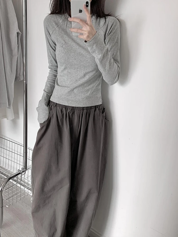 ay المطرزة oulder إدراج طويل Sve تي شيرت المرأة خريف 2024 جديد Sle التخسيس قاعدة طبقة علوية مزيج القطن