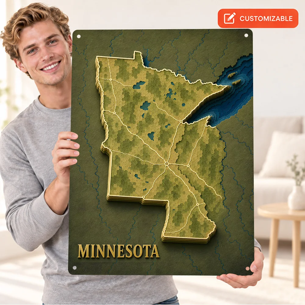 Minnesota Relief Map Printed Poster Customized Aluminum Metal Sign Gold Effect Wall Art For Office Reception Travel Lover Gift