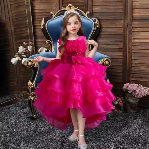 Summer Children's Wedding Flower Girl Tail Organza Elegant Evening Dress Bow Cute Birthday Party Girl Princess Dress