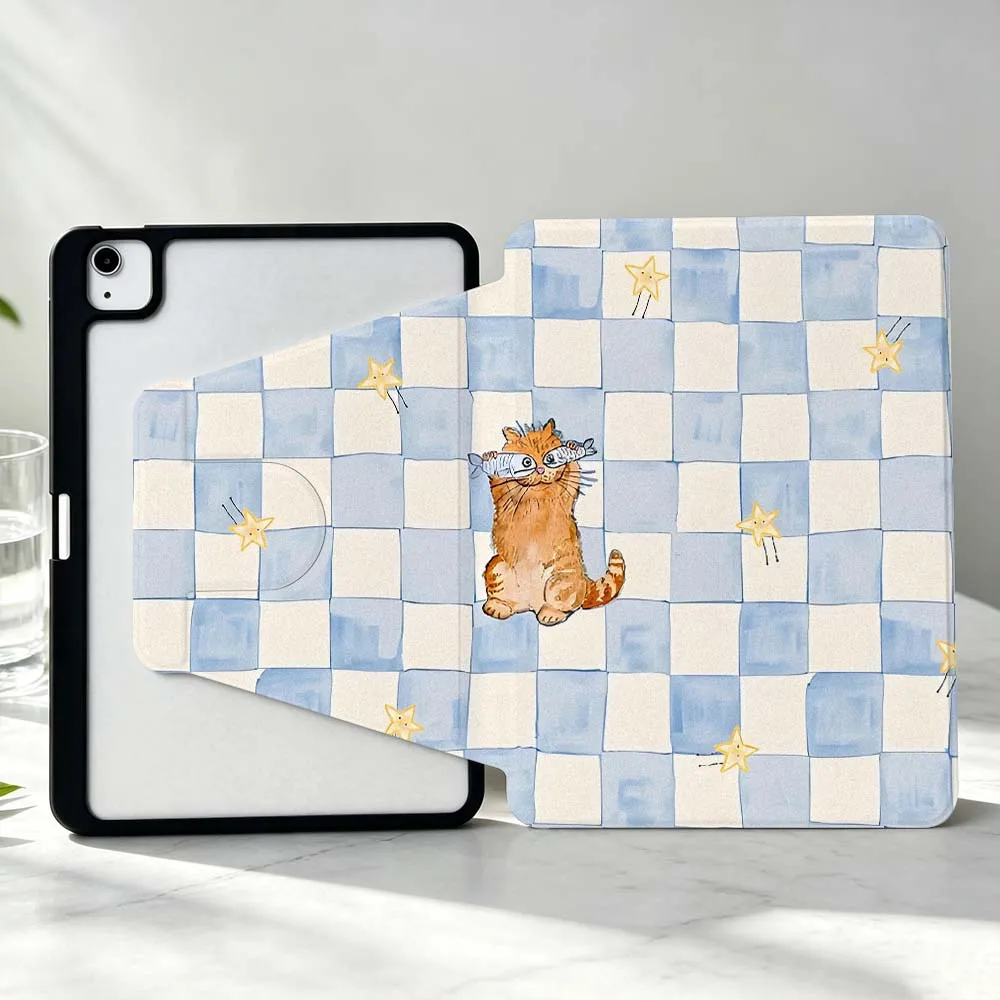 Design Cat Pattern Using Grid For iPad Pro Air mini 6 5 4 12th M5 M4 M3 M2 A16 A17Pro 360° Rotation Stylus Storage Tablet Case
