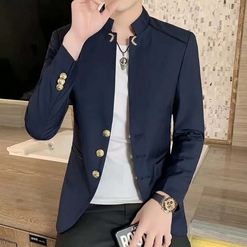 2024 Spring New Men\'s Stand Collar Casual Suit Jackets Youth Fashion Solid Color Stitching Three Button Mens Blazer Coats