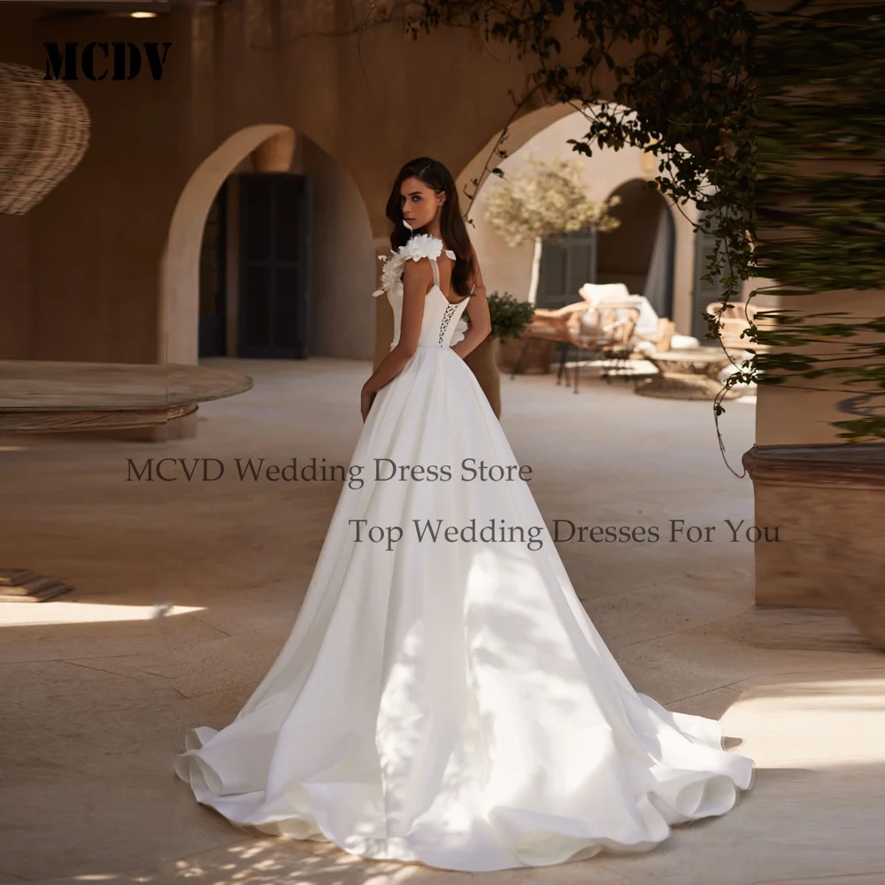 MCDV 3D flores vestidos de novia de satén sirena un hombro vestidos de novia tren de barrido cariño vestidos de novia personalizados