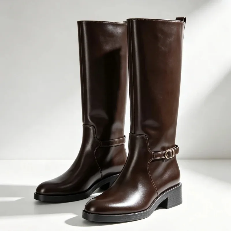 Unique Belt Buckle Decoration Knee Boots Women Winter Fashion Brown Soft Leather Chunky Heel Boots Waterproof Platform Boots