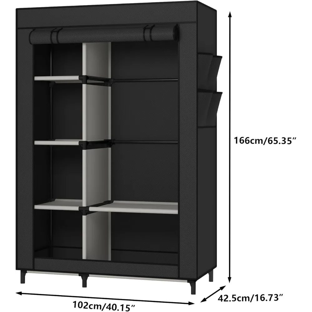 Wardrobe with 6 Shelves and Hanging Rod, Non-Woven Fabric Cover with 4 Side Pockets, Black