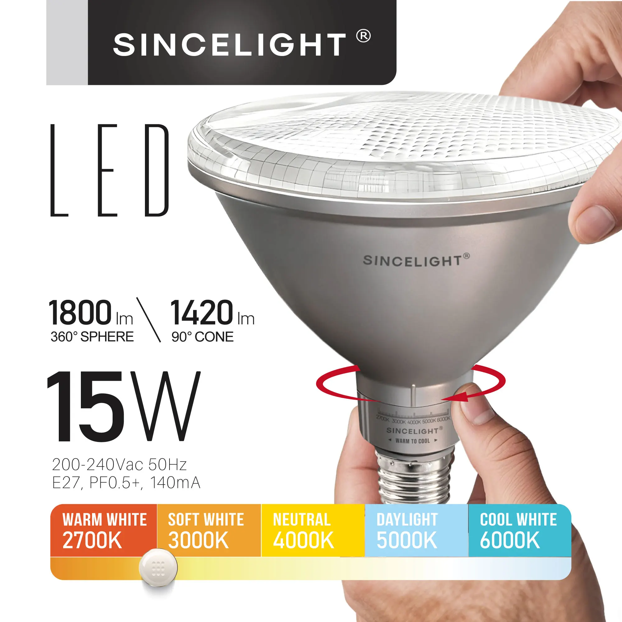 Pack of 1, 5CCT, E27 LED Reflector Spotlight With IP65 Waterproof, 15W, 1800 Lumens, RA95 (PAR38 Bulb/Non-Dimmable / Downlights)