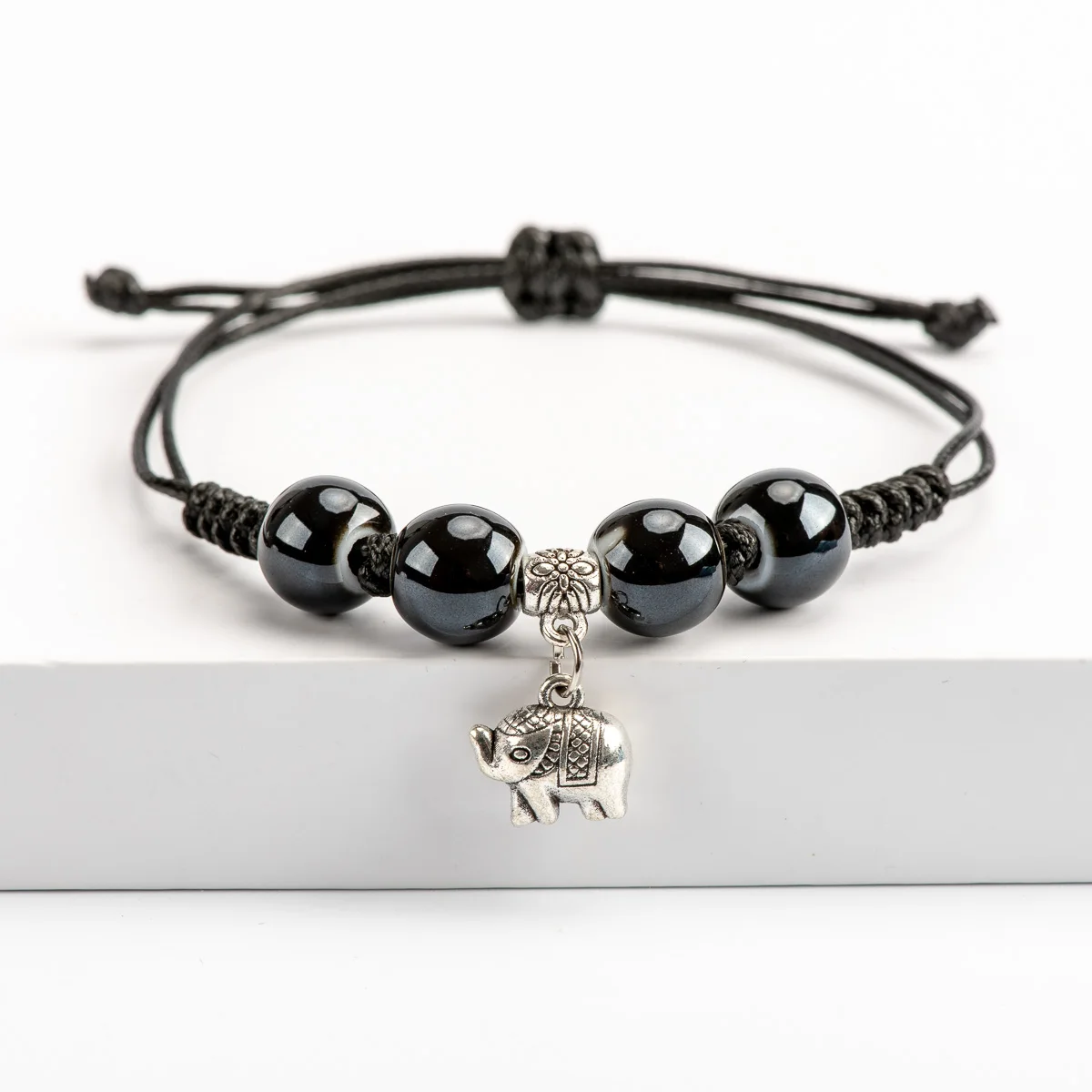 Ceramic Beads Hand-made Bracelets for women Elephant Pendant Ajustable Black bead bracelet #HY518