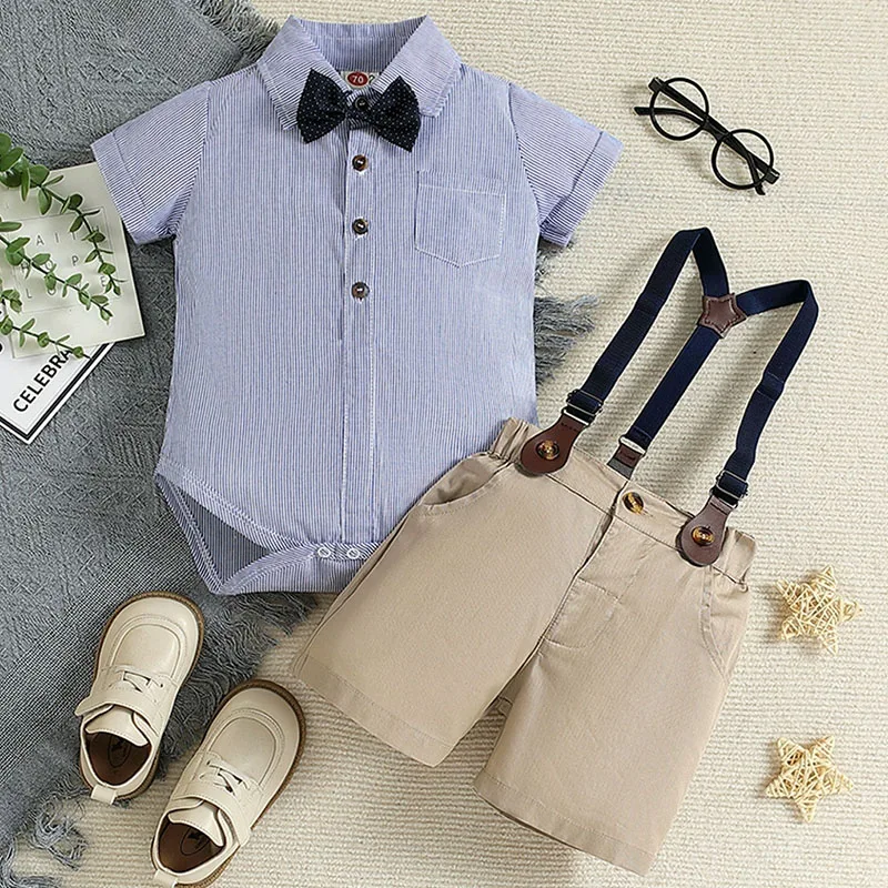 

2Piece Summer Baby Boy Clothes 0 3 Months Korean Fashion Gentleman Stripe Plaid Short sleeve jumpsuits+shorts newborn items B035