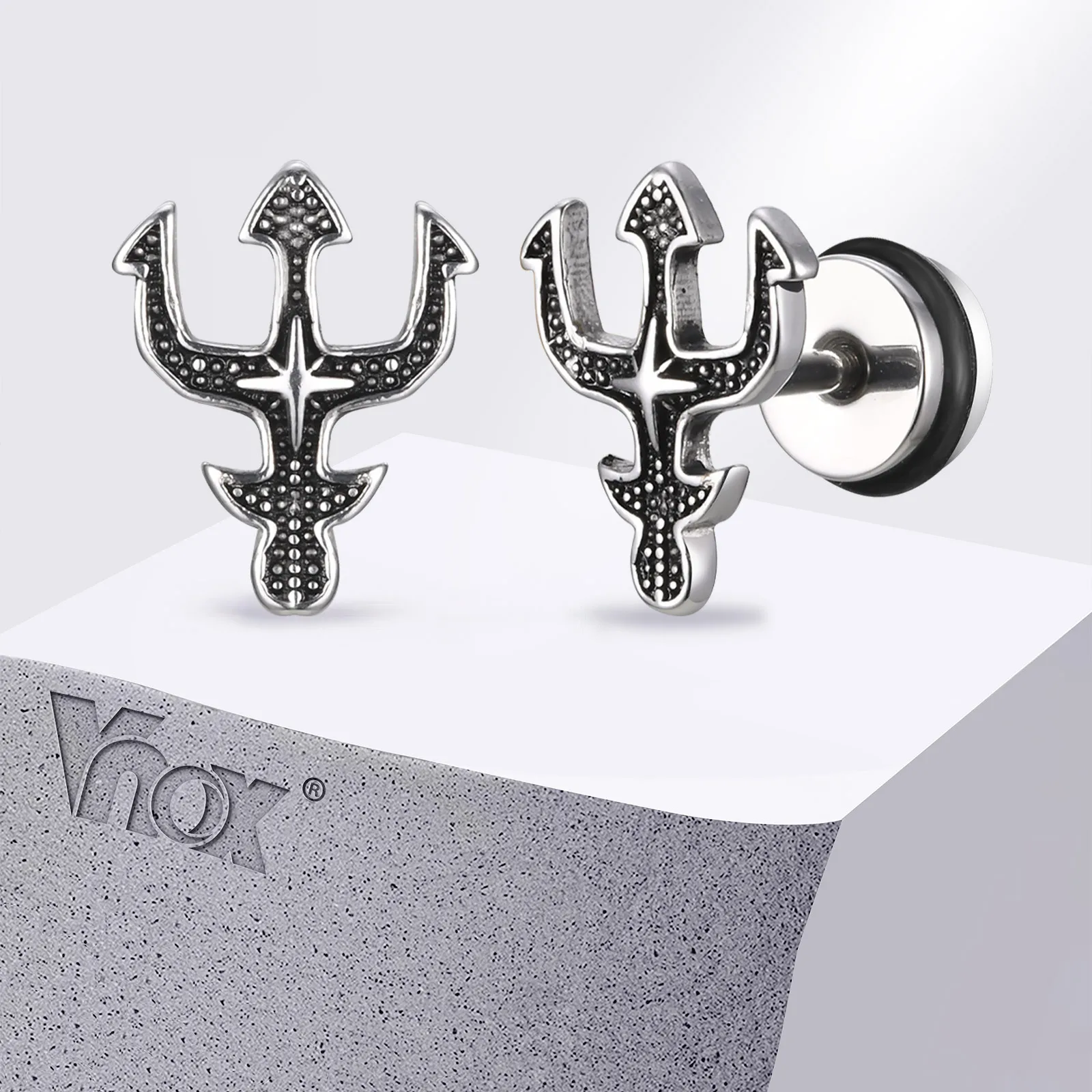 Vnox Tridant Mens Stud Earrings, Vintage Viking Sea King Star Earrings, Punk Rock Stainless Steel Srew Back Ear Jewelry