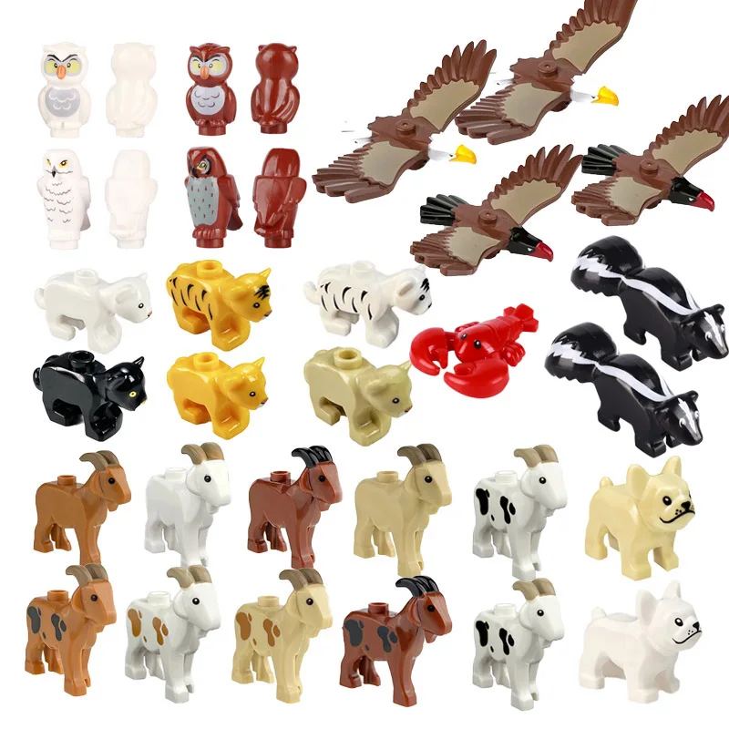 MOC-décennie s de construction d'animaux de la ville pour enfants, chèvre, tigre, léopard, aigle, théâtre, zoo, ferme, figurines, accessoires, briques de bricolage, jouets pour enfants, cadeau