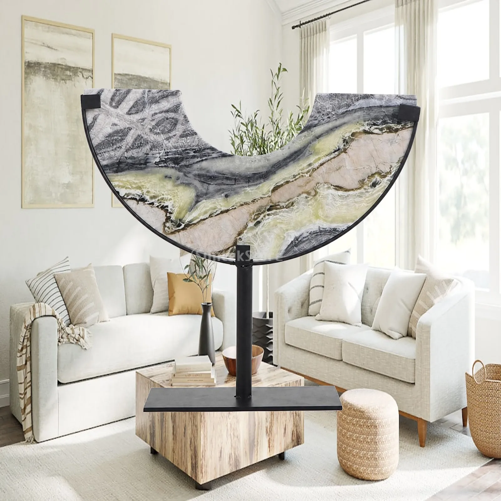 Organic Stone Slab Screen Decorative Panel Metal Support Art Statue for Living Room Shelf Console Decor