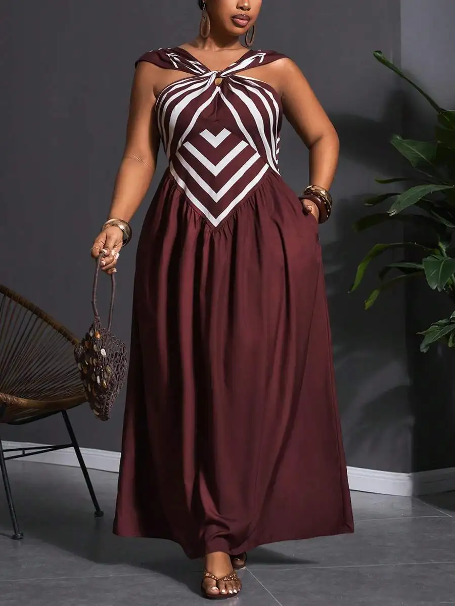 

Plus Size Women Summer Striped Sleeveless Maxi Dress With Pocket