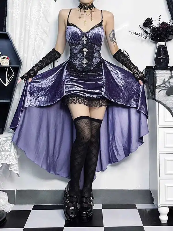Goth roupas femininas roxo hottie lori terno sexy lolita suspensórios saia xale blusa vestido de noite festa bar mitzvah magnífico