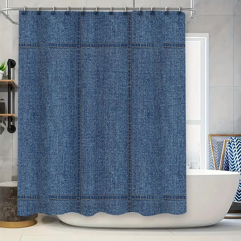 Modern Farmhouse Shower Curtain Waterproof Blue Denim Fabric Bathroom Decor Set Vintage Rustic Coastal Style Shower Liner