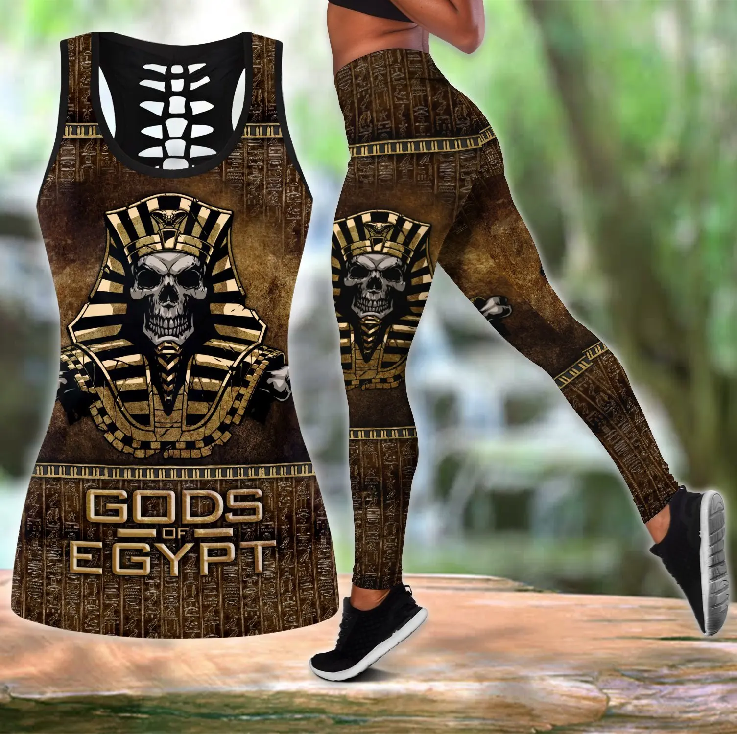 Pharaoh Skull Ancient Egypt 3D Printed Hollow Tank Top & Leggings Set Fitness Female Full Length Leggings Yoga Pants LKB-28