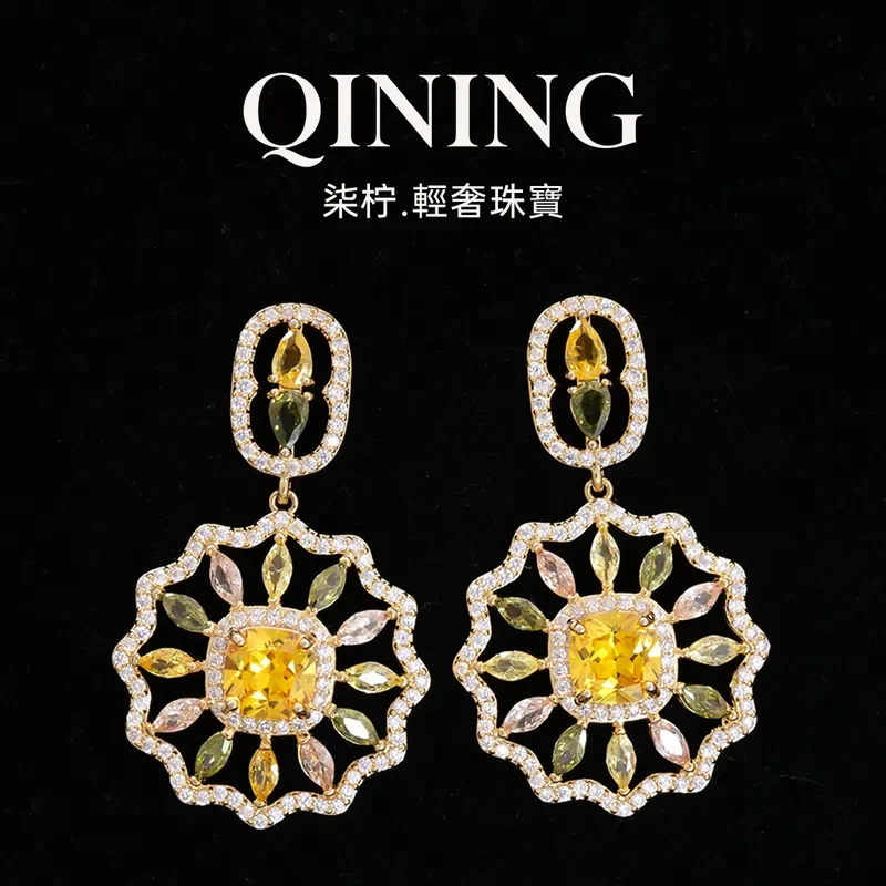 Van Gogh sunflower, colorful treasure flower pendant earrings light luxury high-end stud earrings full of diamonds retro