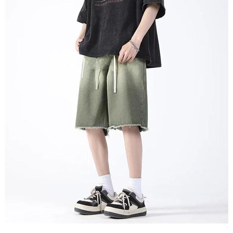 

Мужские джинсовые шорты в стиле ретро-хип-хоп, американского кроя, с эластичным поясом, из хлопка стрейч, с эффектом потертости, повседневные, свободного кроя