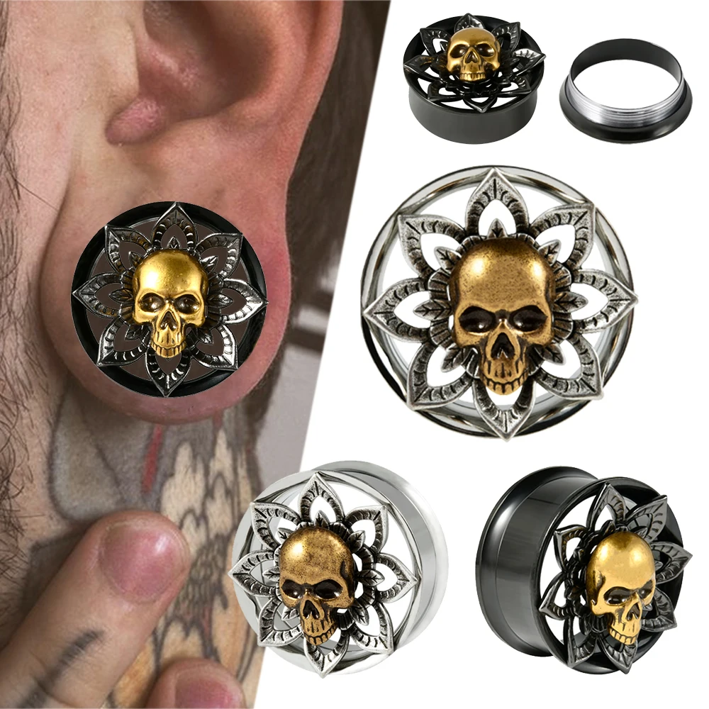 1PC Golden Ghosthead Lotus Ear Plug&Tunnel Black Surgical Steel Internal Thread Double Flared Expander Ear Stretched Ear Gauge