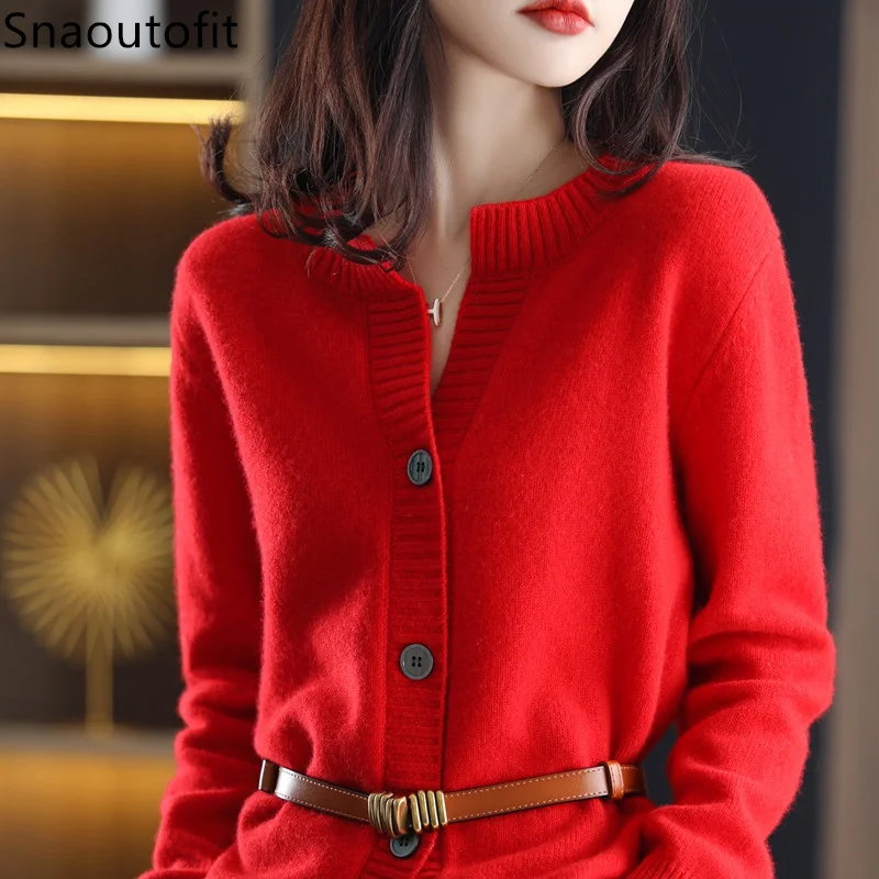 100% Wool Cardigan Women\'s long sleeve top Spring and Autumn Thin Round Neck Cashmere Sweater Loose Coat Fashion Knitted jacket