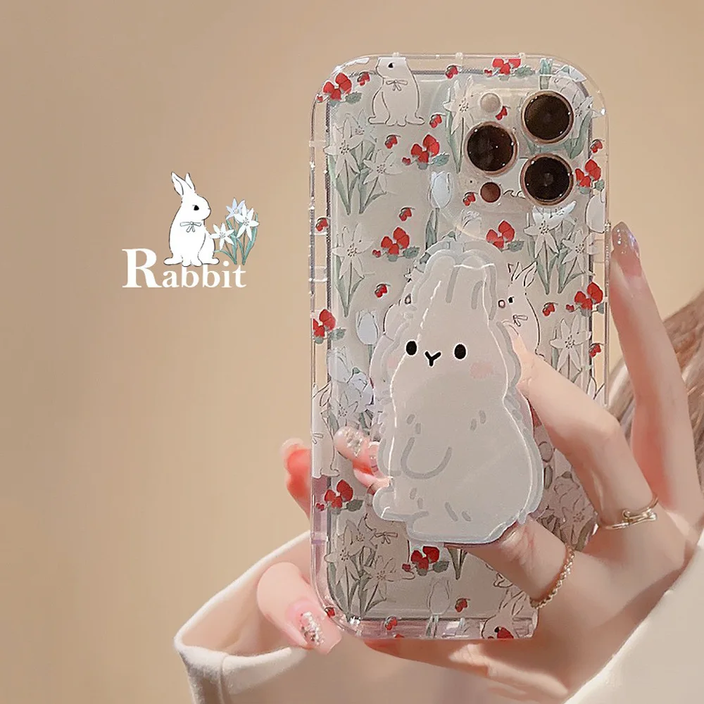 Ins Koreanische Cartoon Blume Klar Telefon Fall Für iPhone 16 15 14 13 12 11 Pro Max Niedlichen Kaninchen Grip Ständer halter Stoßfest Abdeckung