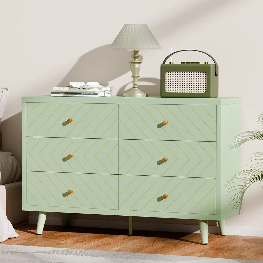 

Green Dresser for Bedroom, 6 Drawer Dresser with Wide Drawer, Wood Dressers & Chests, TV Stand for 50" TV, Modern Storage Cabin