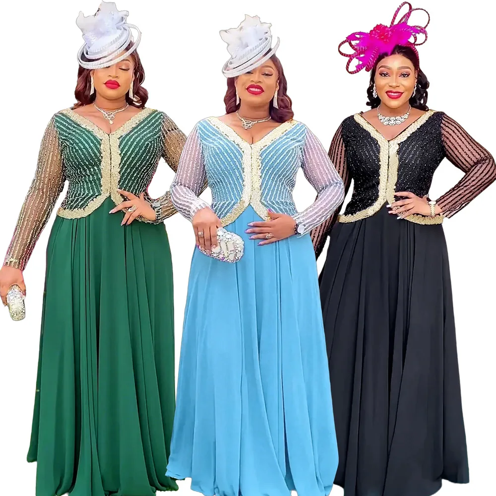 Plus Size African Party Wedding Dresses for Women Sequins Dashiki Ankara Evening Gown Elegant Turkey Outfit Robe Africa Clothes