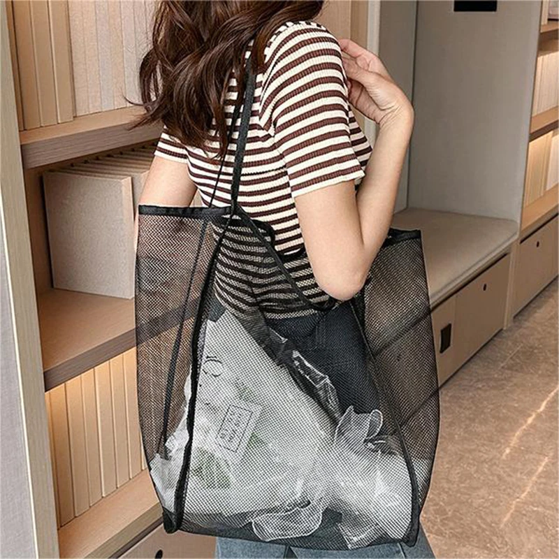 

New Mesh Totes Bag Hollow Out Large Capacity Shoulder Bags For Women Travel Beach Bag Student Bookbag Shopping Back Summer