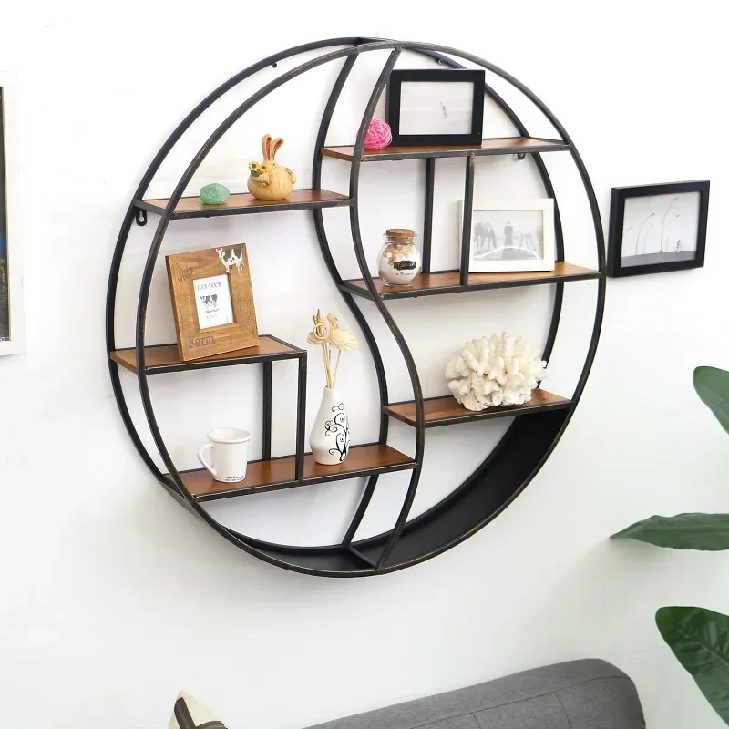 Industrial Wall Mounted Shelves Multi Layer Circular Wall Mounted Nail Art Storage Racks Vintage Wrought Iron Wall Decorations