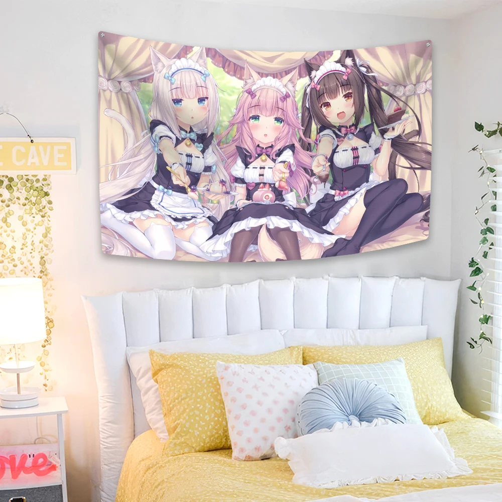 XxDeco Kawaii Anime Tapestry Nekopara Printed Cute Wall Hanging Room Decor Large Fabric Of Dorm Backdrop Cloth Sofa Blanket