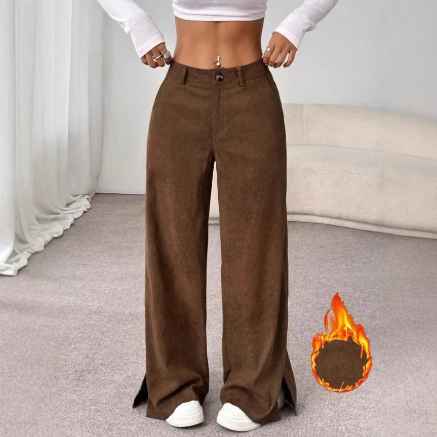 2025 European and American Women's Autumn and Winter Casual Fashion Corduroy Mid Waist Split Loose Straight Leg and Floor Length