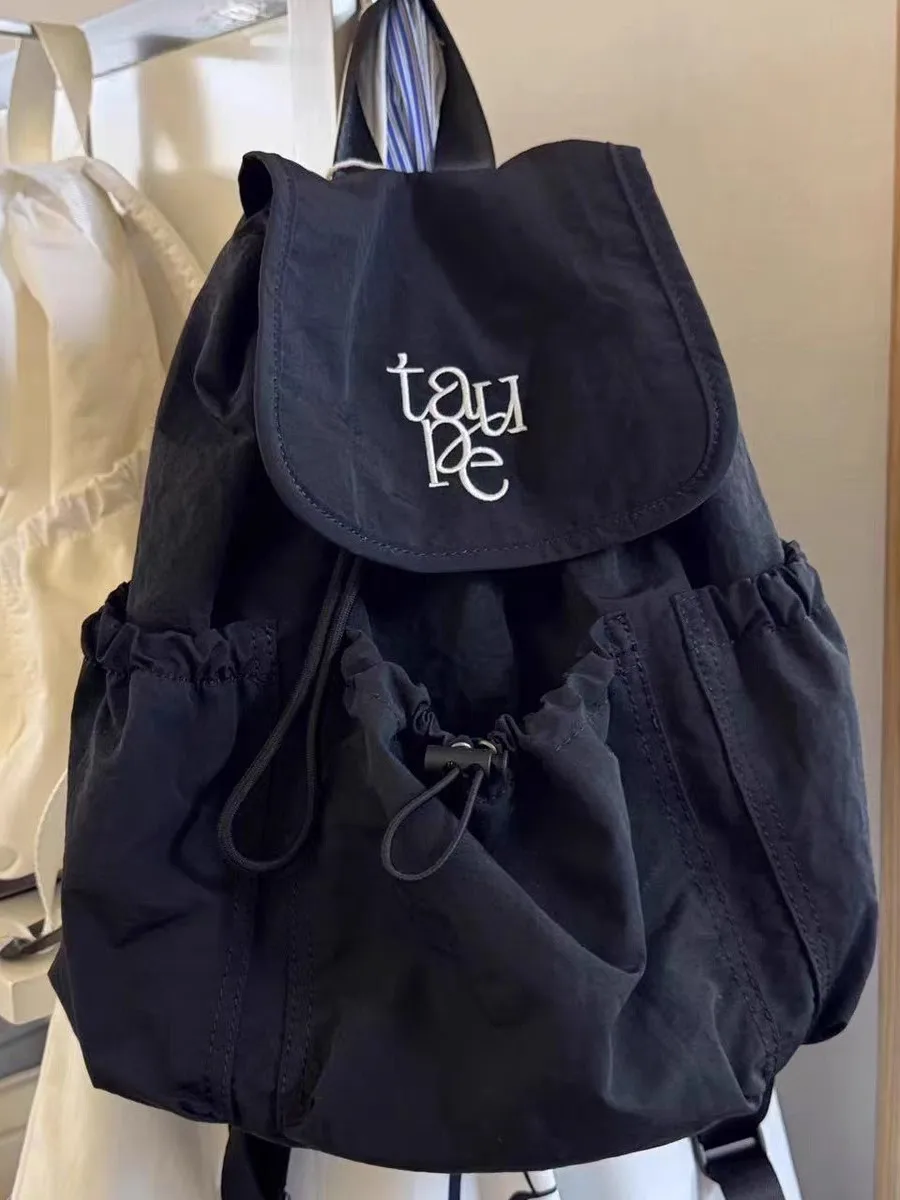 Korean Style Letter Embroidery Drawstring Flap Backpack Light Nylon Casual Rucksack School Travel Large Capacity Student Bag