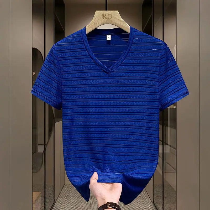 Fashion V-Neck Solid Color Spliced Hollow Out T-Shirt Men Clothing Summer New Loose Short Sleeve Casual Tops Punk Tee Shirt