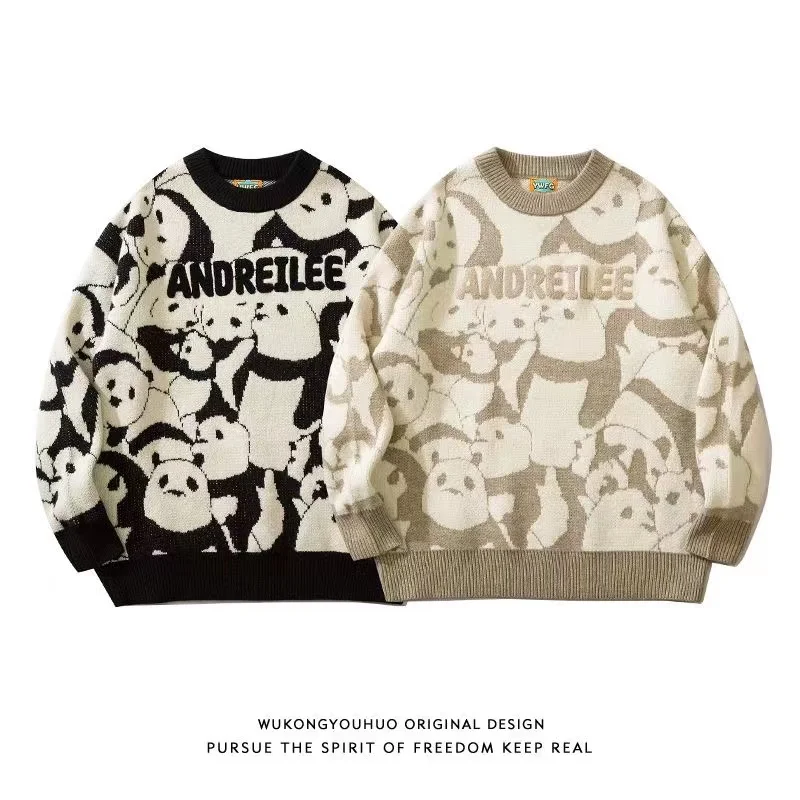 レトロな大きいサイズ 35kg 香港スタイル漫画パンダメンズカジュアル長袖ラウンドネックニットセーター冬のファッション
