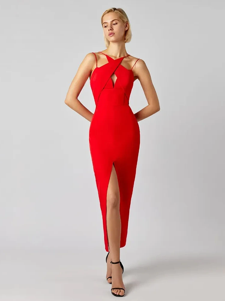 

Women's Black Red Sexy Sleeveless Hollow Out Split Open Back Midi Bandage Dress Celebrity Elegant Evening Club Dress