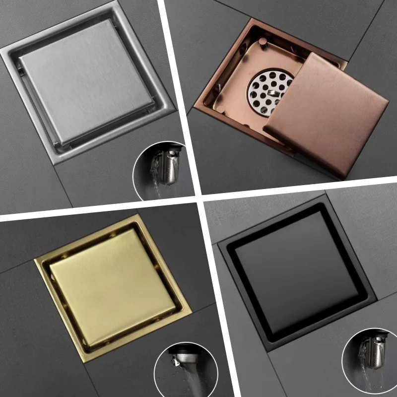 Brushed Gold 11X11CM Ceramic Tile Invisible Embedded Floor Drain Bathroom Shower Insect-Proof And Odor-Proof Square Floor Drain