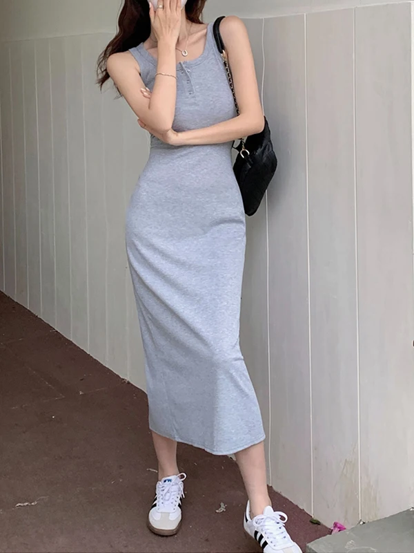 

Korean Sle round Ne Svel Dr Summer Age Reduction High Waist Pure Desire Slim Fit One Step Skirt Bal Split