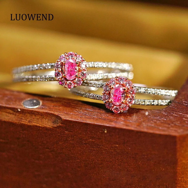 LUOWEND 18K White Gold Rings Luxury Real Natural Pink Diamond Engagement Ring for Women Fashion INS Style High Jewelry