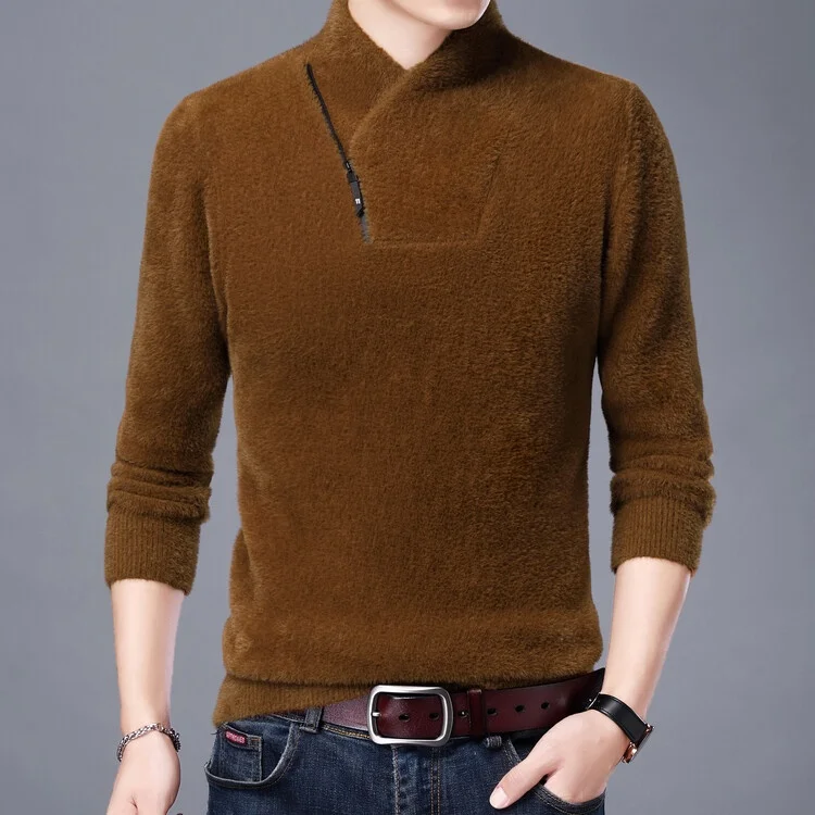 

Высококачественный мужской зимний вязаный меховой свитер на молнии с v-образным вырезом, теплый удобный мягкий длинный топ све