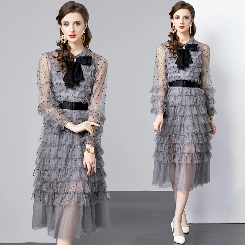 Runway Fashion High Quality Luxury Dot Mesh Dress Women Bow Tie Vintage Elegant Bohemian Casual Party Long Tulle Vestidos