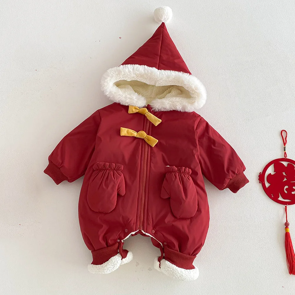 

Baby Christmas Romper Long Sleeve Hooded Velvet Warm Winter Infant Boutique Clothing Chinese New Year Baby Jumpsuit For Boy Girl