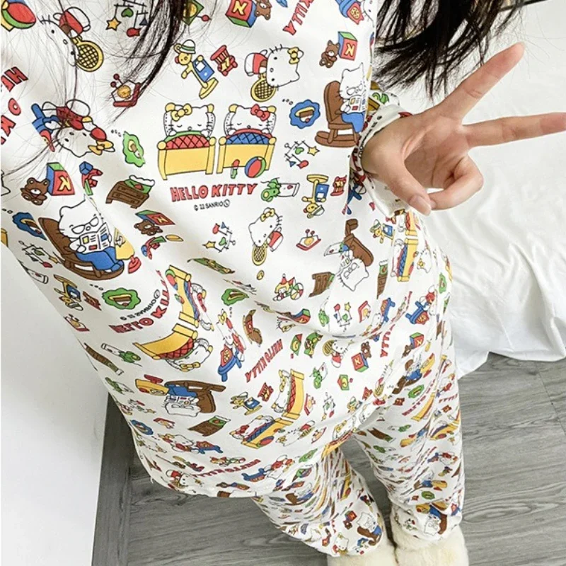 Anime Sanrio Hollo Kitty Cartoon Printed Long Sleeve Pants Set Loose Casual Women Homewear Pajamas T-shirt Pants Two-piece Suit