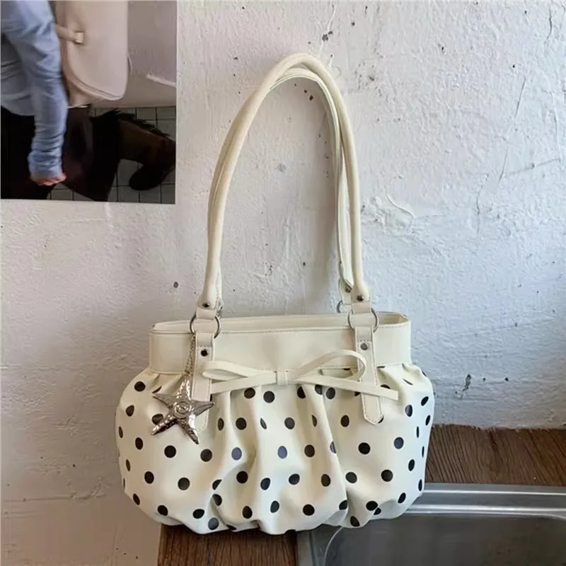 

Polka Dot Ruched Shoulder Bag With Star Pendant Women Bow Decor Large Capacity Hobo Bag Retro Versatile Handbag For Daily Commut