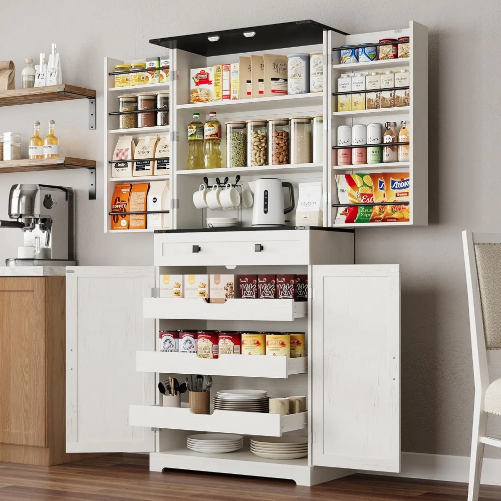 

72" Tall Pantry Cabinet, Farmhouse Kitchen Pantry with Slide Out Shelves, White Tall Kitchen Cabinet with Over The Door