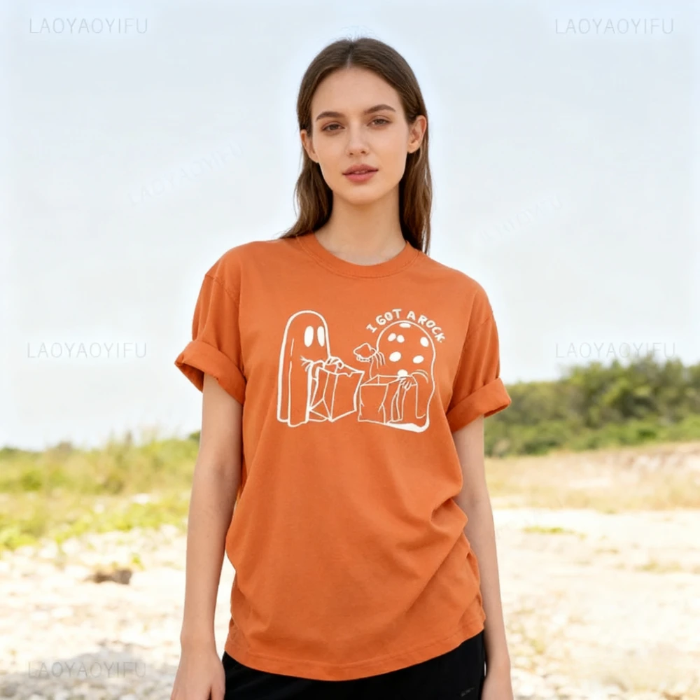 

Funny Ghost I Got A Rock The Great Pumpkin Graphic T Shirts All Saints' Day Trick Or Treat Woman Man Orange Quality Cotton Tops