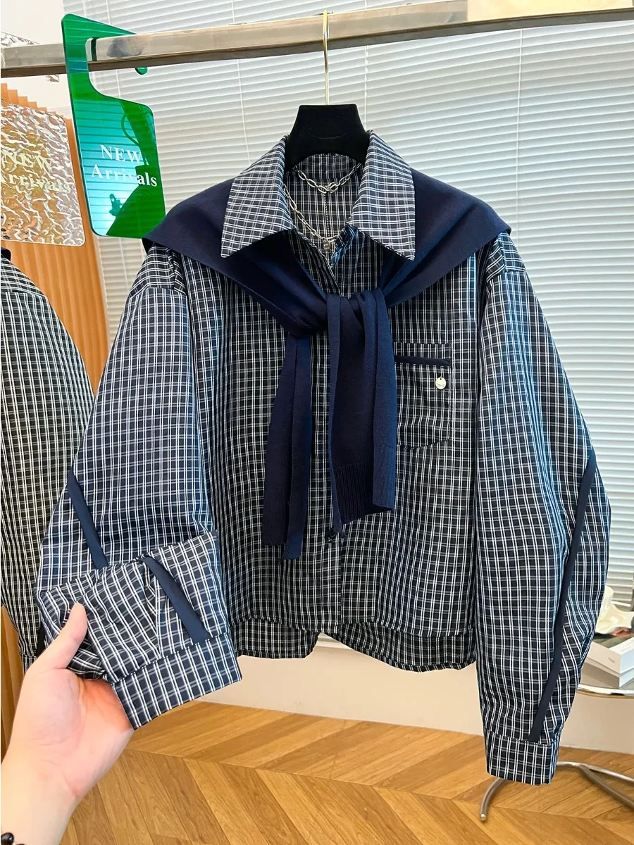

Korean College Style Knitted Shawl Plaid Women's Long Sleeve Loose Casual Shirt Anti-Wrinkle Cotton Blend Fashionable All Sea...