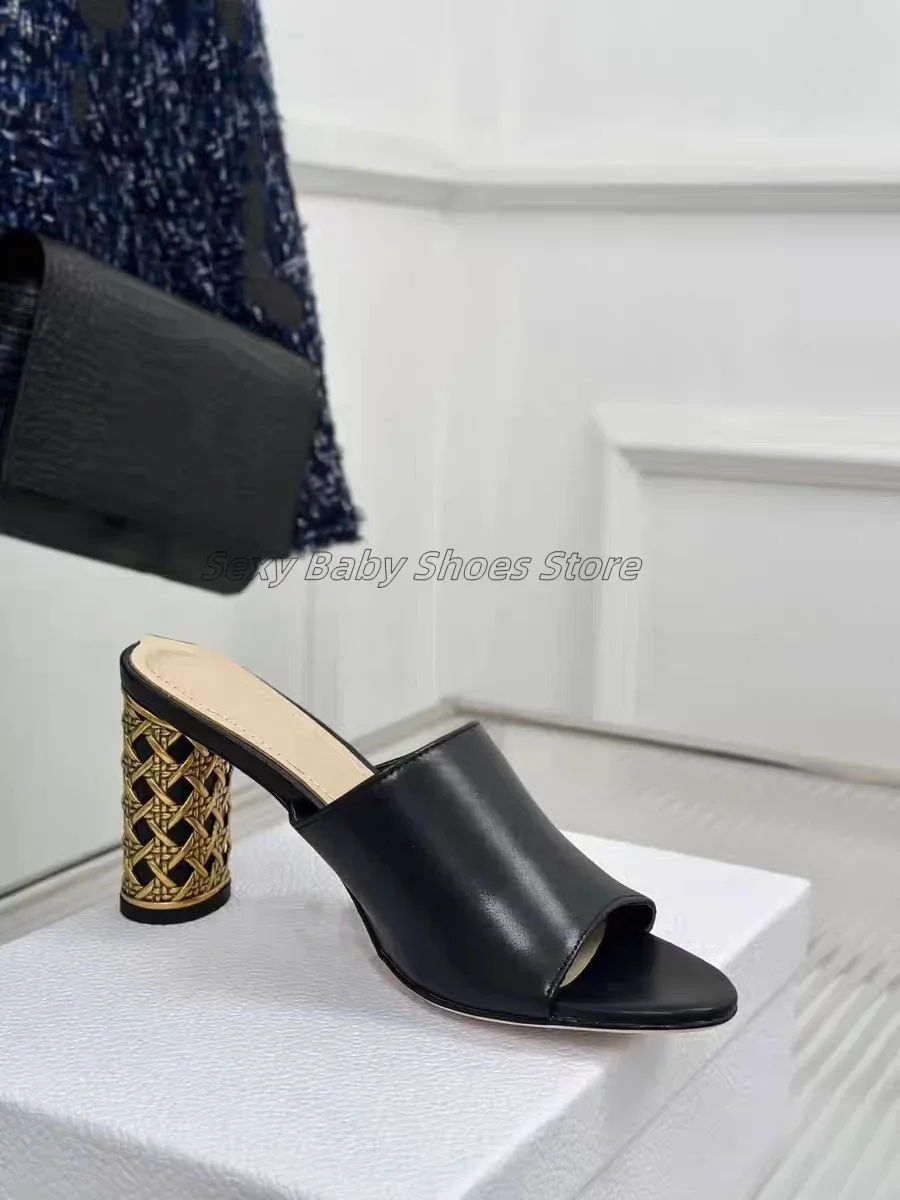 Thick Heeled Leather Slippers Versatile French Women's Shoes Round Toe Fashionable Women's Thick Heeled High-Heeled Slippers