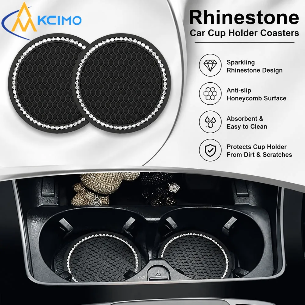 2Pcs Universal Car Cup Holder Coasters Crystal Rhinestone Silicone Mat Anti-Scratch Waterproof Anti-Slip Vehicle Cup Accessories