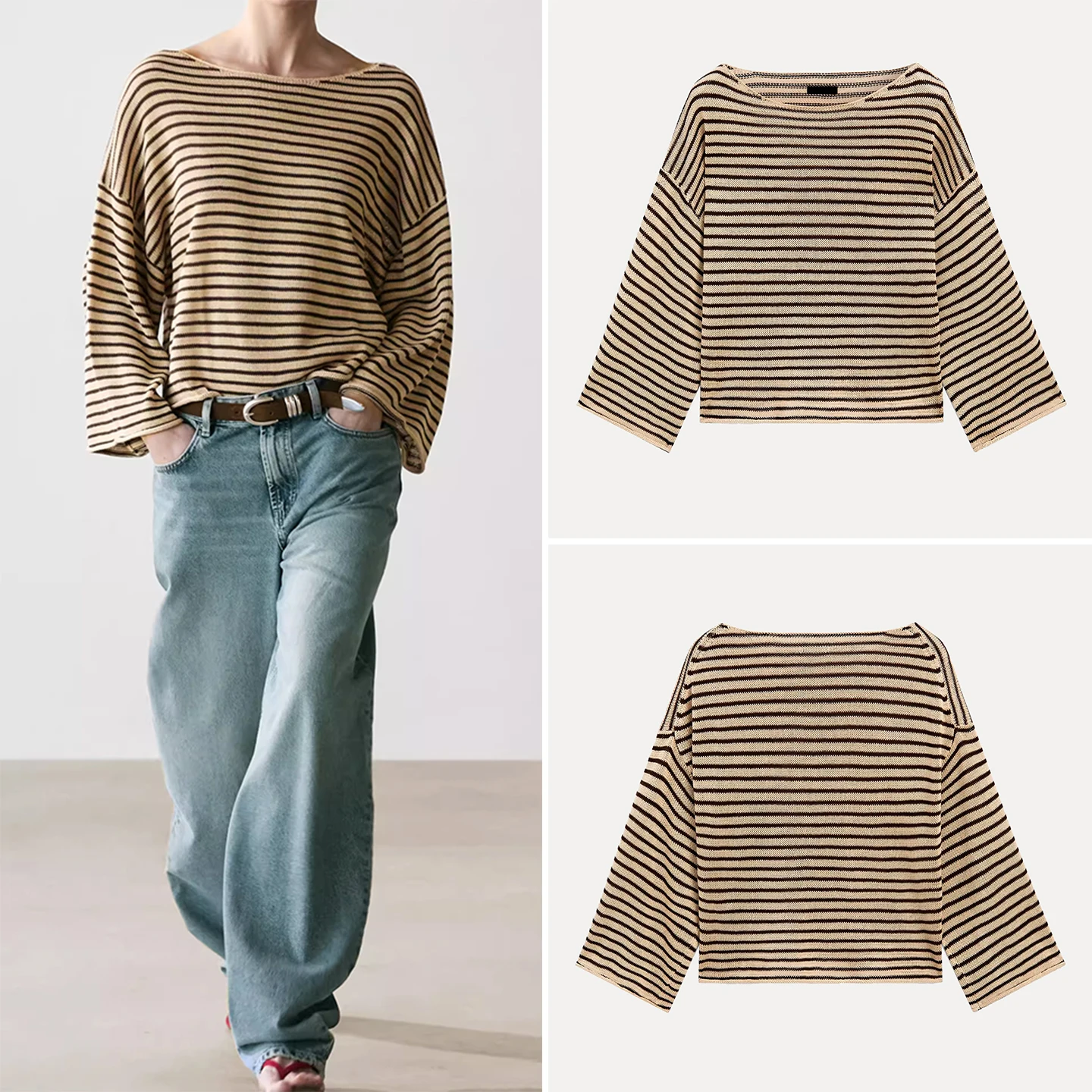 

Casual Long Sleeve Knitted Sweater Women's Spring Commute Style Loose Fit round Neck Stripe Patterned Comfortable Ladies Top