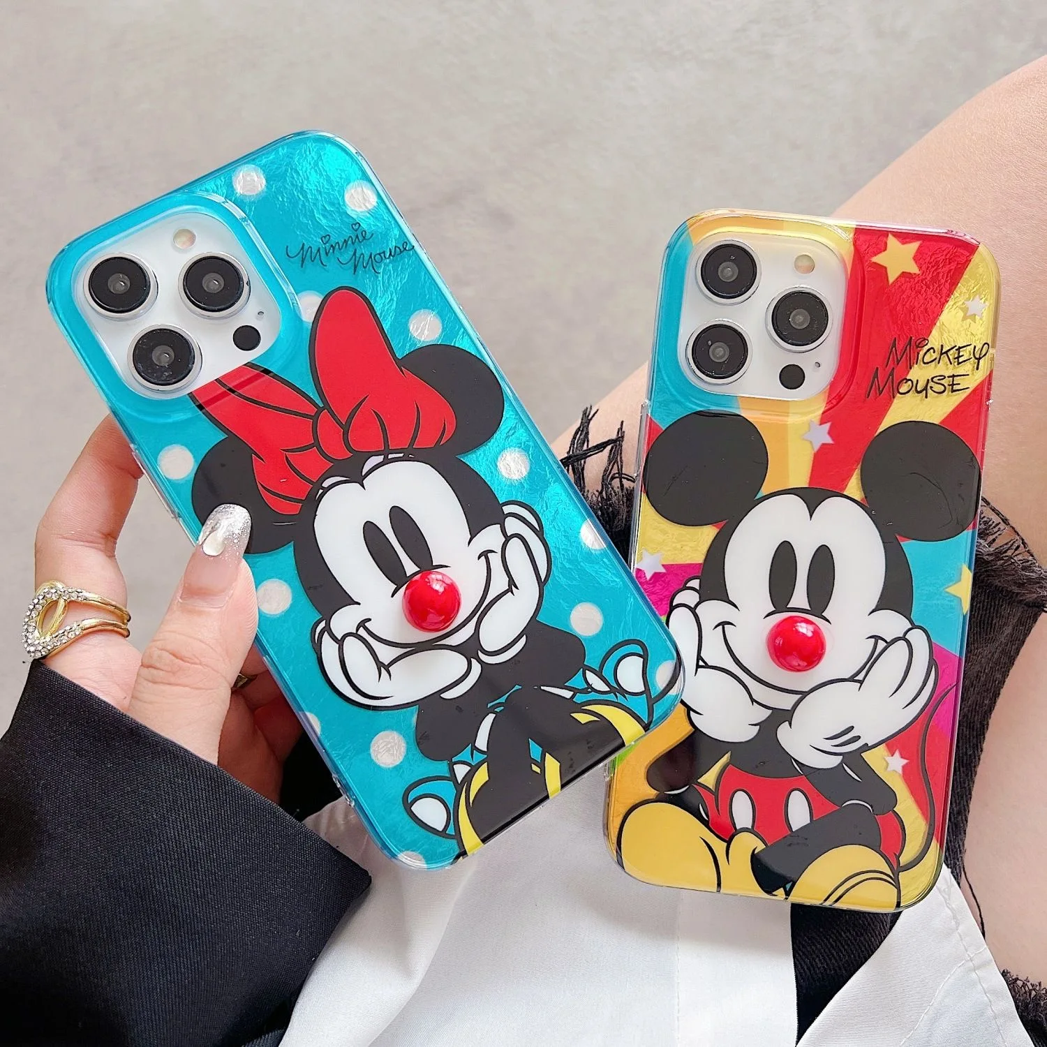 Cool Kleurrijke Mickey Minnie Mouse Telefoonhoesje Voor Iphone 16 15 14 Plus 13 11 Pro Max X Xs Xr 8 7 Veren Textuur Harde Hoes